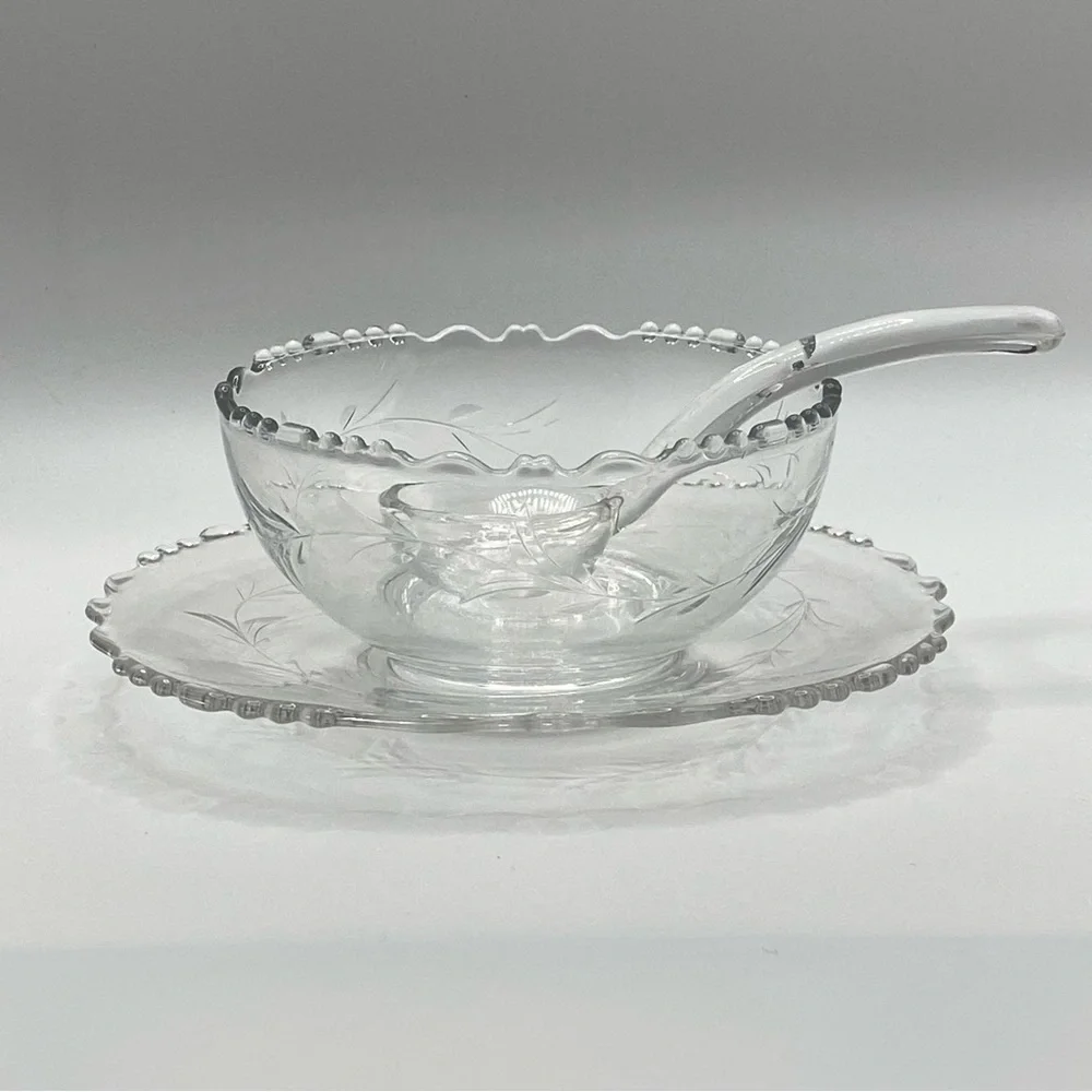 Vintage Tiffin-Franciscan Dolores 3 Piece Mayonnaise Set Clear Etched Glass MINT